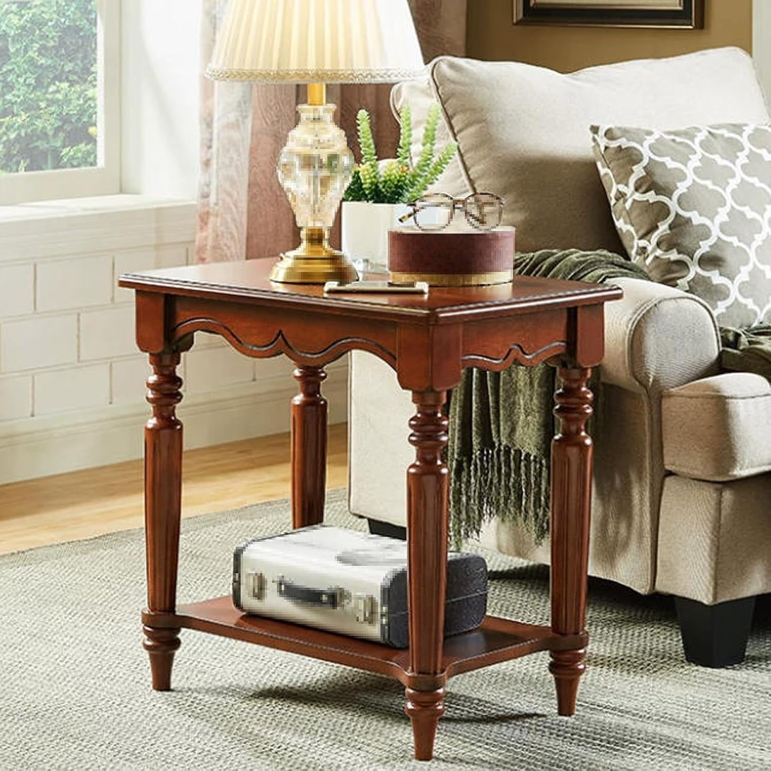 Solid Birch Wood 2-Tier End Table, Classic European Rectangle Side Table with Turned Legs & Carved Details, Accent Nightstand for Living Room Bedroom Furniture, Cherry Brown