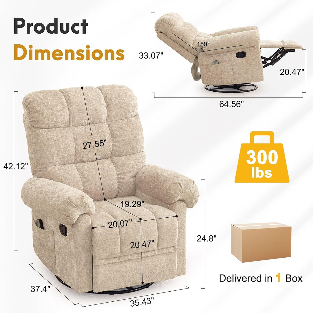 Korser 360° Swivel Rocker Recliner Chair, Rocking Chair Nursery with Massage and Heat, Small Recliners for Small Space, Manual Recliner Chair with Cozy Chenille Fabric, Side Pockets for Living Room