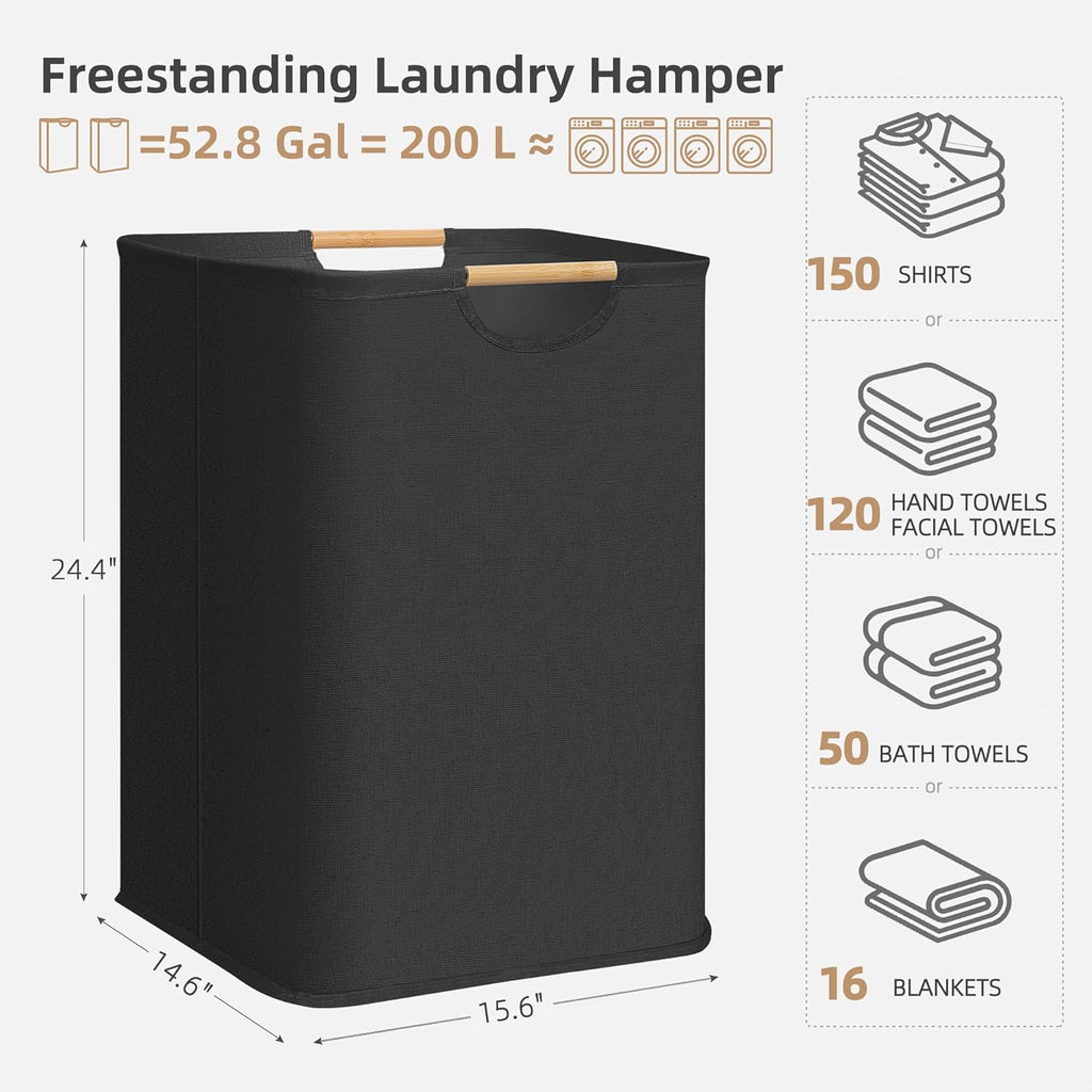 STORAGE MANIAC 2-Pack Large Laundry Hamper, 100L (26.4 Gal) Collapsible Laundry Basket with Bamboo Handles, Freestanding Waterproof Clothes Hamper for Laundry Room, Bedroom, Dorm, Towels, Black