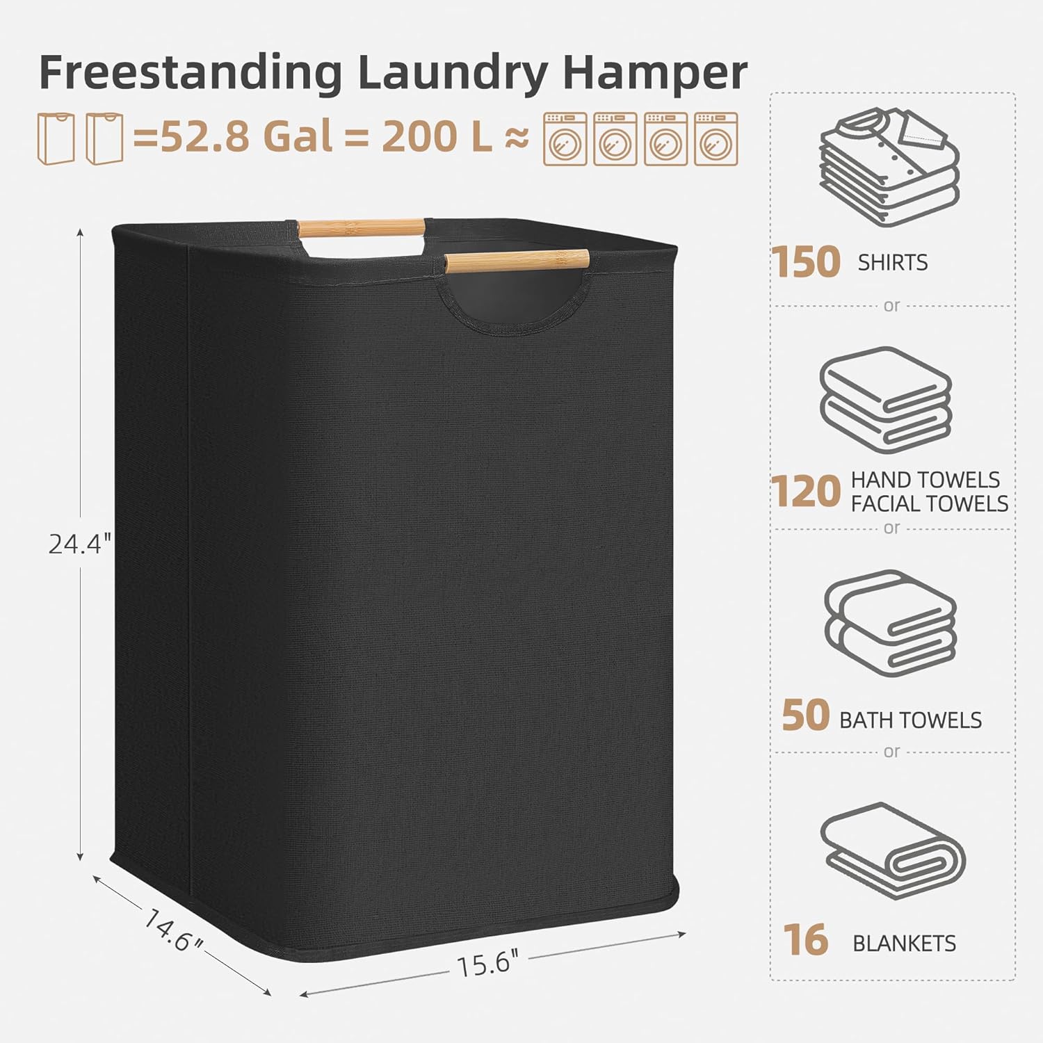 STORAGE MANIAC 2-Pack Large Laundry Hamper, 100L (26.4 Gal) Collapsible Laundry Basket with Bamboo Handles, Freestanding Waterproof Clothes Hamper for Laundry Room, Bedroom, Dorm, Towels, Black