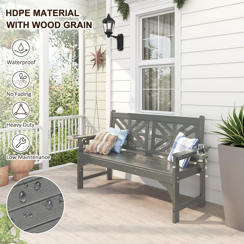 nalone Outdoor Bench with Cup Holders, HDPE Porch Bench Fade Proof (Grey) | Load up to 800 Lbs, For Patio Park Garden Porch, Low Maintenance, All weather Material Fade Proof