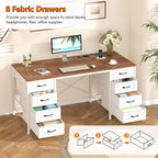 YOMILUVE 50 Inch Computer Desk with 8 Drawers, Home Office Desk with Power Outlets, Work Study Gaming Desk with 8 Fabric Drawers, Brown and White