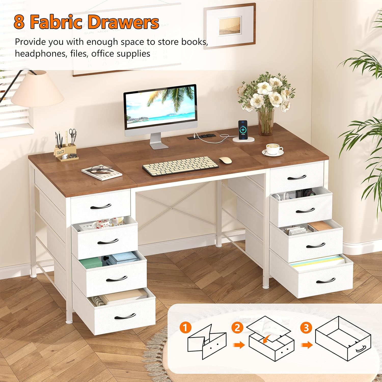 YOMILUVE 50 Inch Computer Desk with 8 Drawers, Home Office Desk with Power Outlets, Work Study Gaming Desk with 8 Fabric Drawers, Brown and White