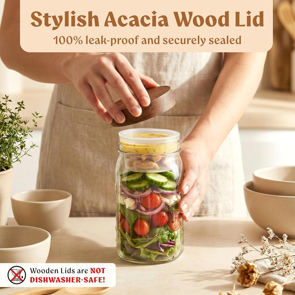 EDELHAUS 4 Pack Glass Salad Jars with Wooden Lids for Meal Prep, Leakproof Container with Two Small Built in Cups for Wet/Dry Separation for Salad Dressing and Ingredients, 32oz Mason Jars (Acacia)