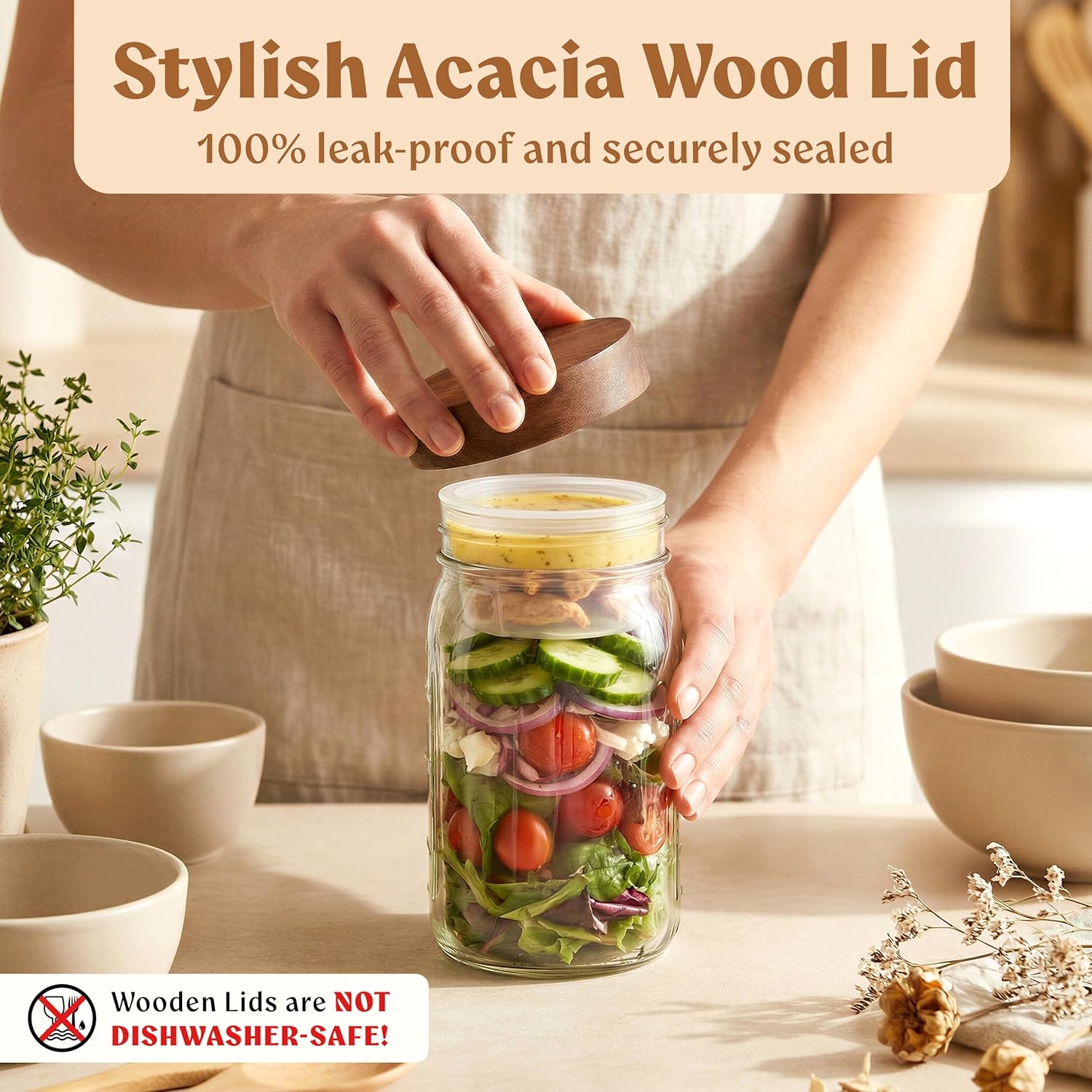EDELHAUS 4 Pack Glass Salad Jars with Wooden Lids for Meal Prep, Leakproof Container with Two Small Built in Cups for Wet/Dry Separation for Salad Dressing and Ingredients, 32oz Mason Jars (Acacia)