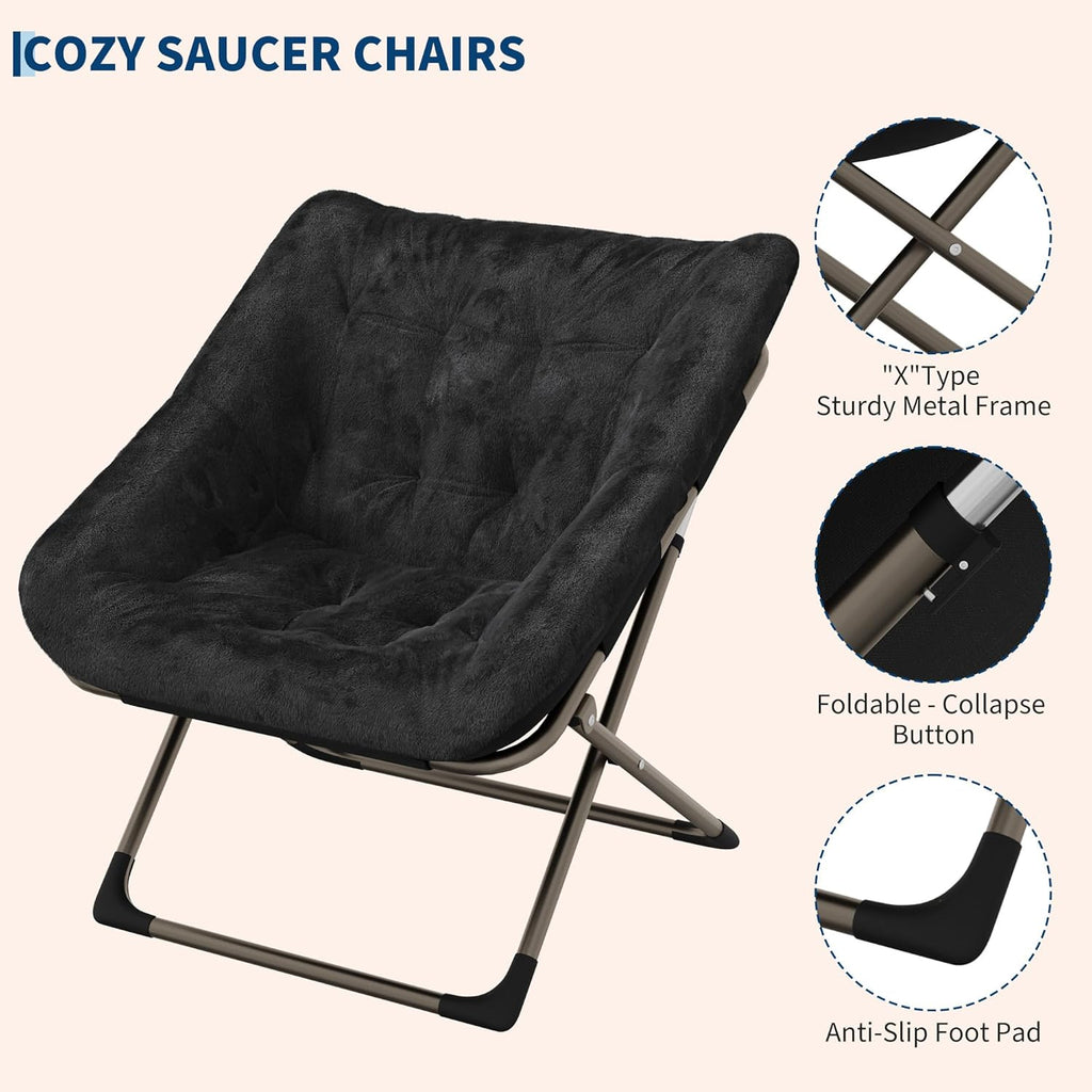 Collapsible Saucer Chair for Adults – Soft Faux Fur, Metal Frame, 300 Lbs Capacity, No Assembly Needed – for Bedroom, Living Room, Dorm or Apartment