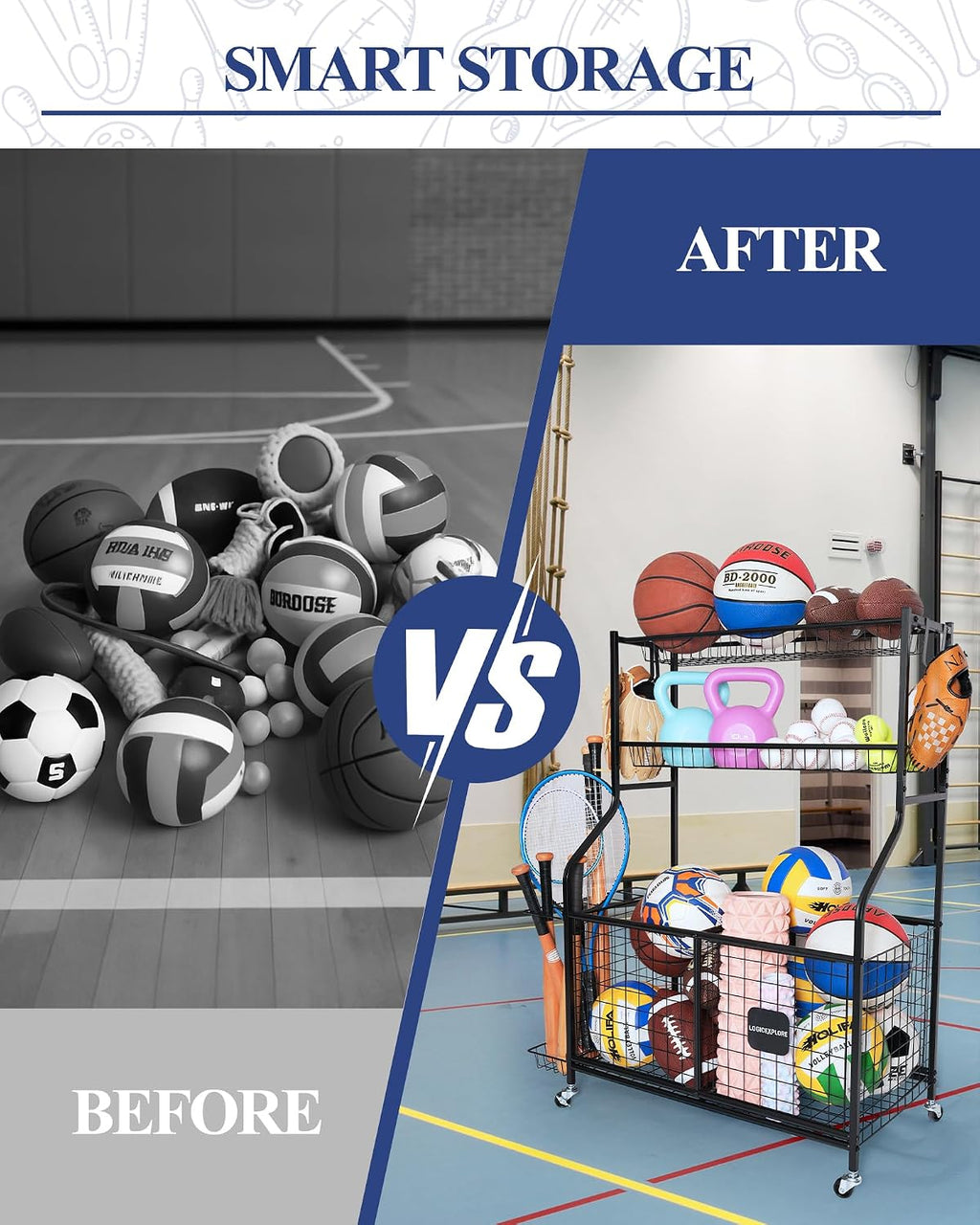 Sports Equipment Storage Organizer Rack with Rolling Wheels, Garage Ball Storage Cart for Basketball, Soccer, Baseball, Heavy-Duty Metal Sports Rack for Garage, Home, School Gym