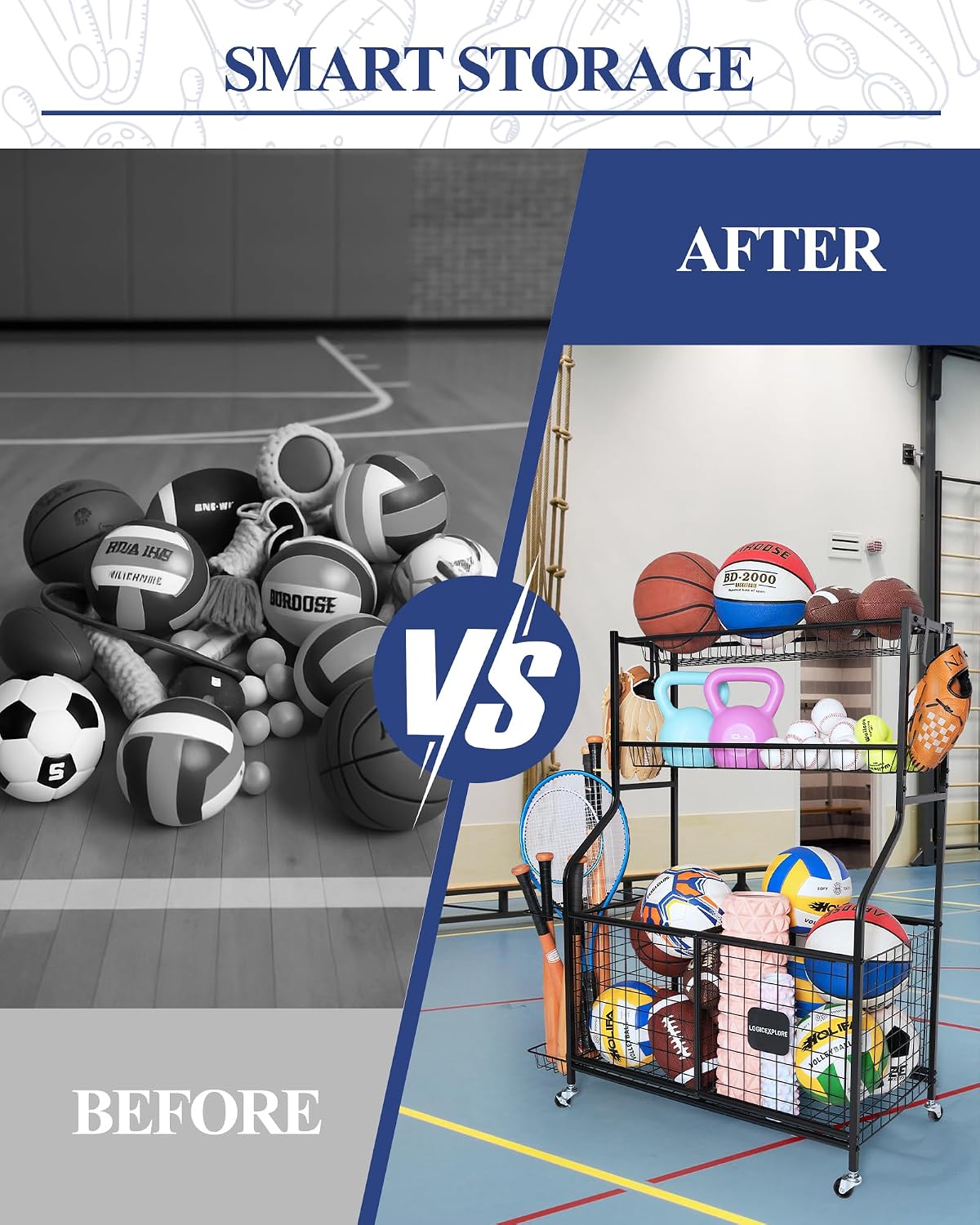 Sports Equipment Storage Organizer Rack with Rolling Wheels, Garage Ball Storage Cart for Basketball, Soccer, Baseball, Heavy-Duty Metal Sports Rack for Garage, Home, School Gym