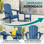 PLUUV Folding Adirondack Chair Set of 4, Easy Storage Space Saving, 380 LBS Capacity Weather Resistant HDPE with Two-Cup Holder for Outdoor Patio Fire Pit Gathering, Navy
