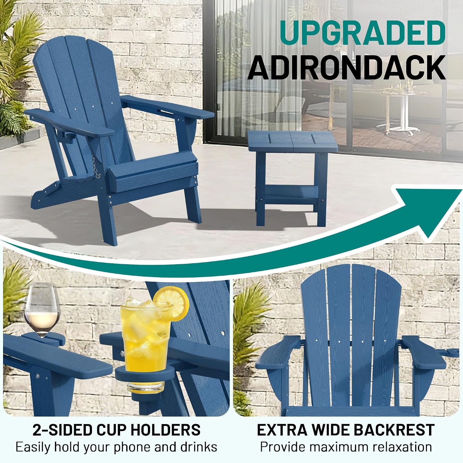 PLUUV Folding Adirondack Chair Set of 4, Easy Storage Space Saving, 380 LBS Capacity Weather Resistant HDPE with Two-Cup Holder for Outdoor Patio Fire Pit Gathering, Navy