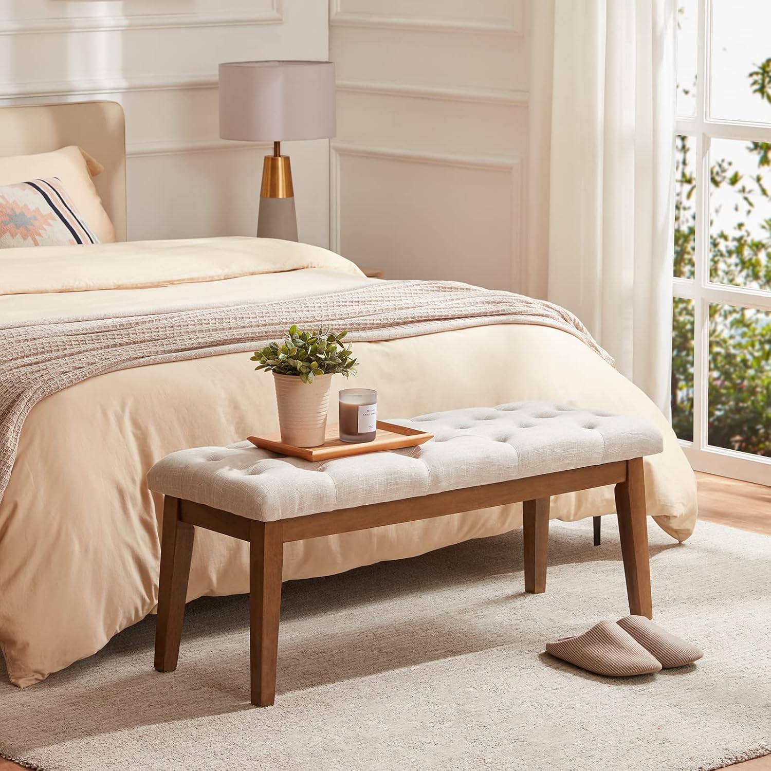 HUIMO Bedroom Bench for End of Bed, Upholstered Dining Seat for Kitchen, Button-Tufted Ottoman Bench for Entryway and Living Room (Beige)