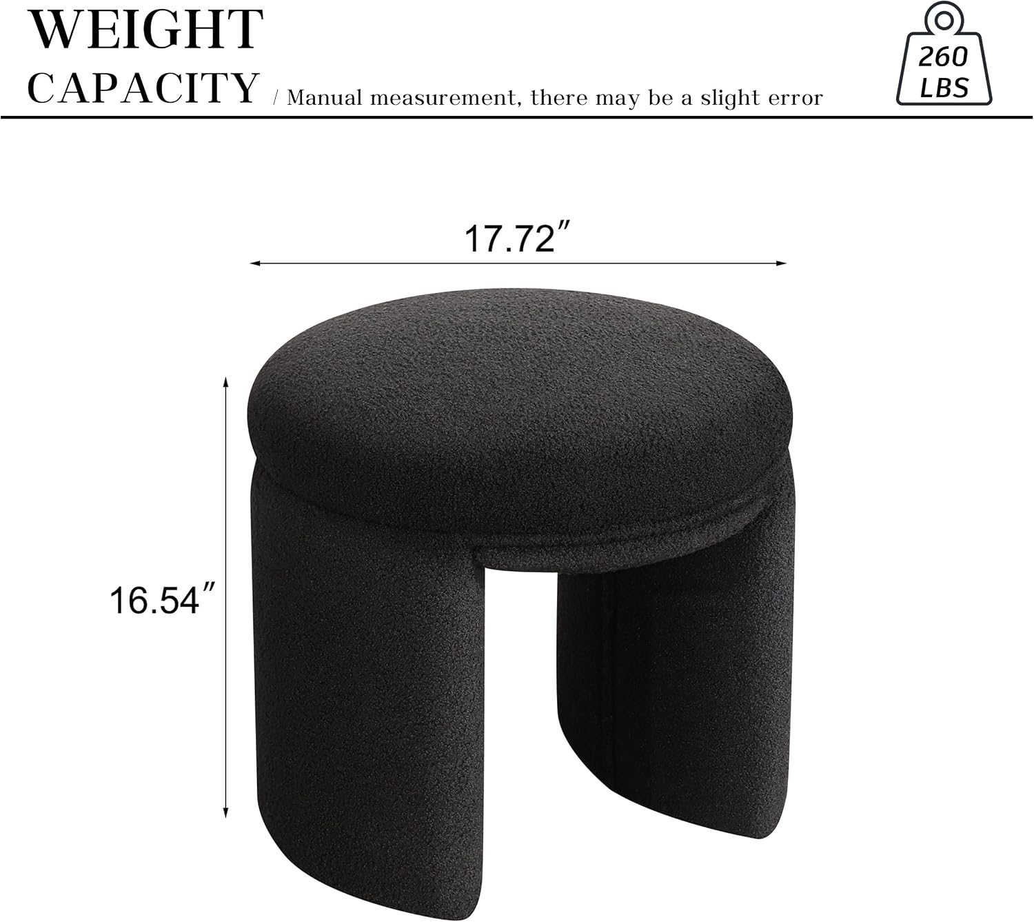 Boucle Ottoman, Round Sherpa Vanity Stool Chair, Small Upholstered Modern Teddy Footstool for Makeup, Living Room, Entryway, Bedroom,Black