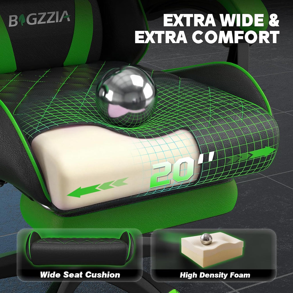 Bigzzia Gaming Chair with Footrest, Ergonomic Computer Game Chair with 20'' Wide Seat, Adjustable Lumbar Support, Headrest, 90°-135° Reclining Gaming Chairs for Adults, Black Green