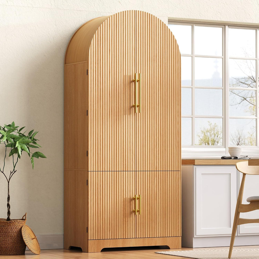 Tall Arched Kitchen Pantry Cabinet, Modern Fluted Wood Storage Cabinet with 8 Door Shelves, Adjustable Shelves and Hidden Drawer, Versatile Cupboard for Kitchen, Bathroom (Natural)