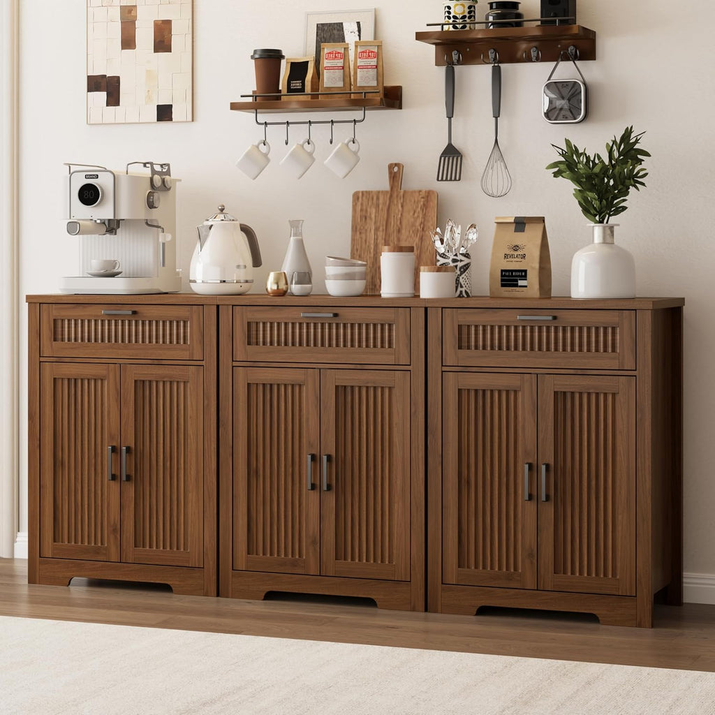 Buffet Cabinet with Storage Drawer, Farmhouse Coffee Bar Table with Storage Drawer and Adjustable Shelf, Small Fluted Sideboard Cabinet for Kitchen, Dining Room, Living Room, Entryway, Modern Walnut