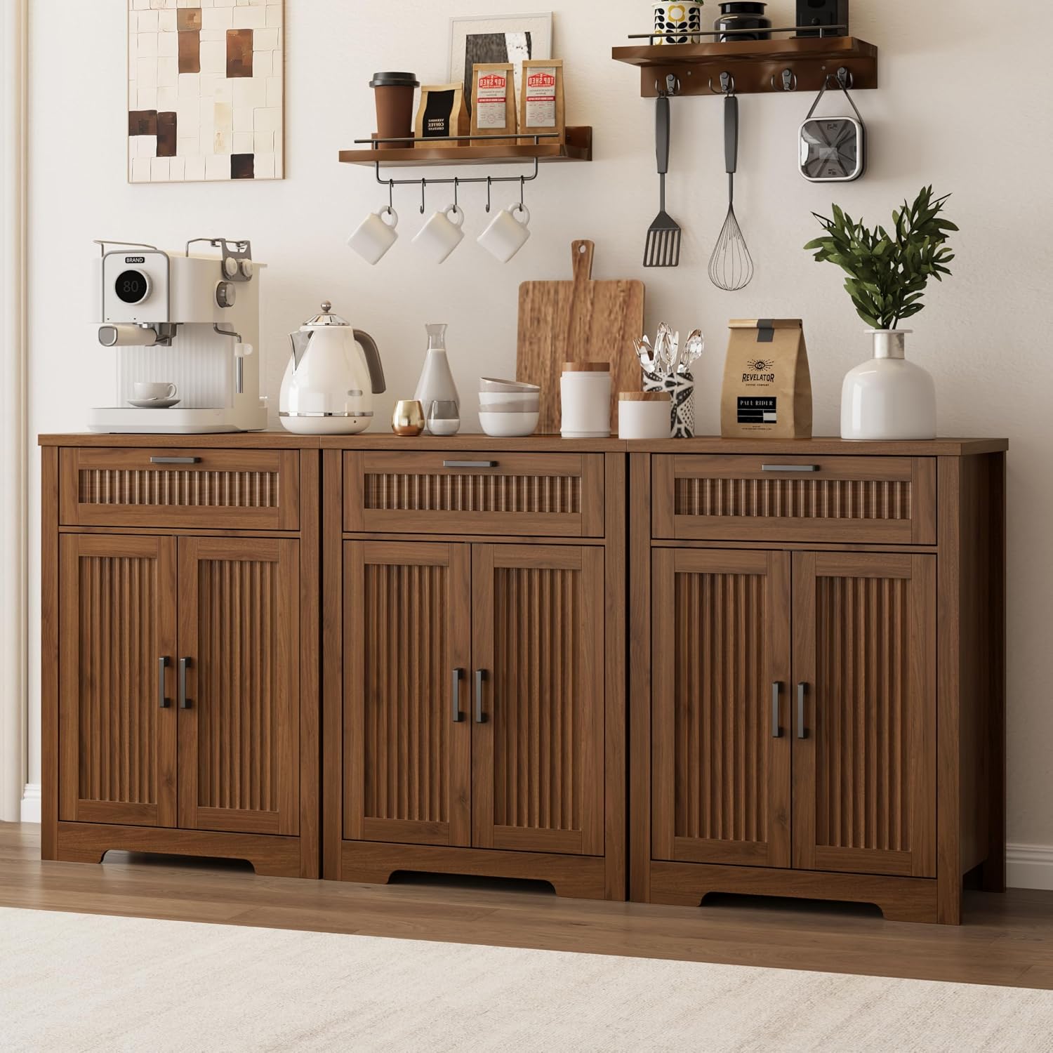 Buffet Cabinet with Storage Drawer, Farmhouse Coffee Bar Table with Storage Drawer and Adjustable Shelf, Small Fluted Sideboard Cabinet for Kitchen, Dining Room, Living Room, Entryway, Modern Walnut