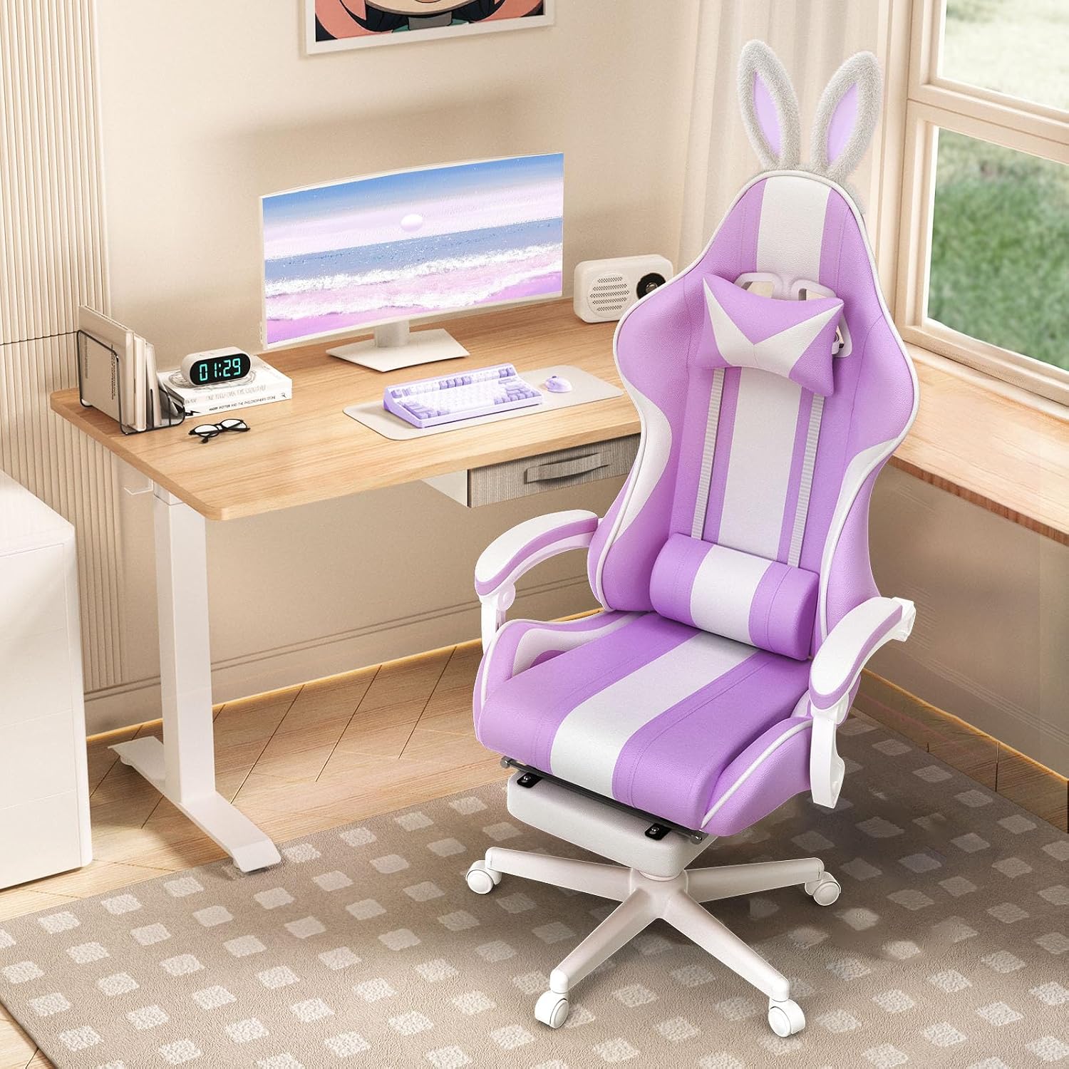 Ferghana Kawaii Light Purple Gaming Chair with Bunny Ears, Ergonomic Cute Gamer Chair with Footrest and Massage, Racing Reclining Leather Computer Game Chair for Girls Adults Teens Kids