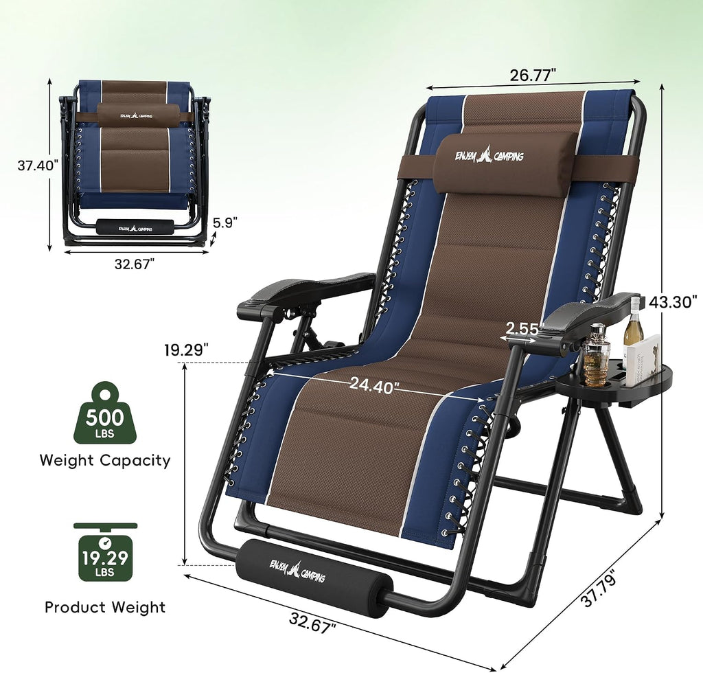 Amopatio XXL Padded Zero Gravity Chairs Set of 2 Foldable Zero Gravity Lounge Chair Outdoor Portable Reclining Chair with Removable Cup Holder/Headrest/Footrest