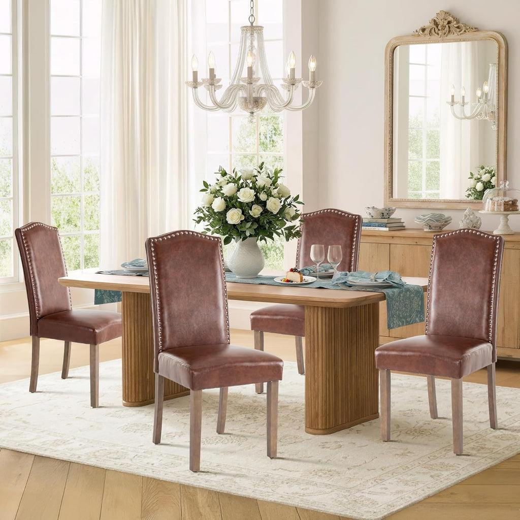 Upholstered Dining Chair Modern Stylish Parsons Kitchen Diner High Back with Silver Nailhead Trim & Wood Legs, Set of 2, PU Leather Dark Brown