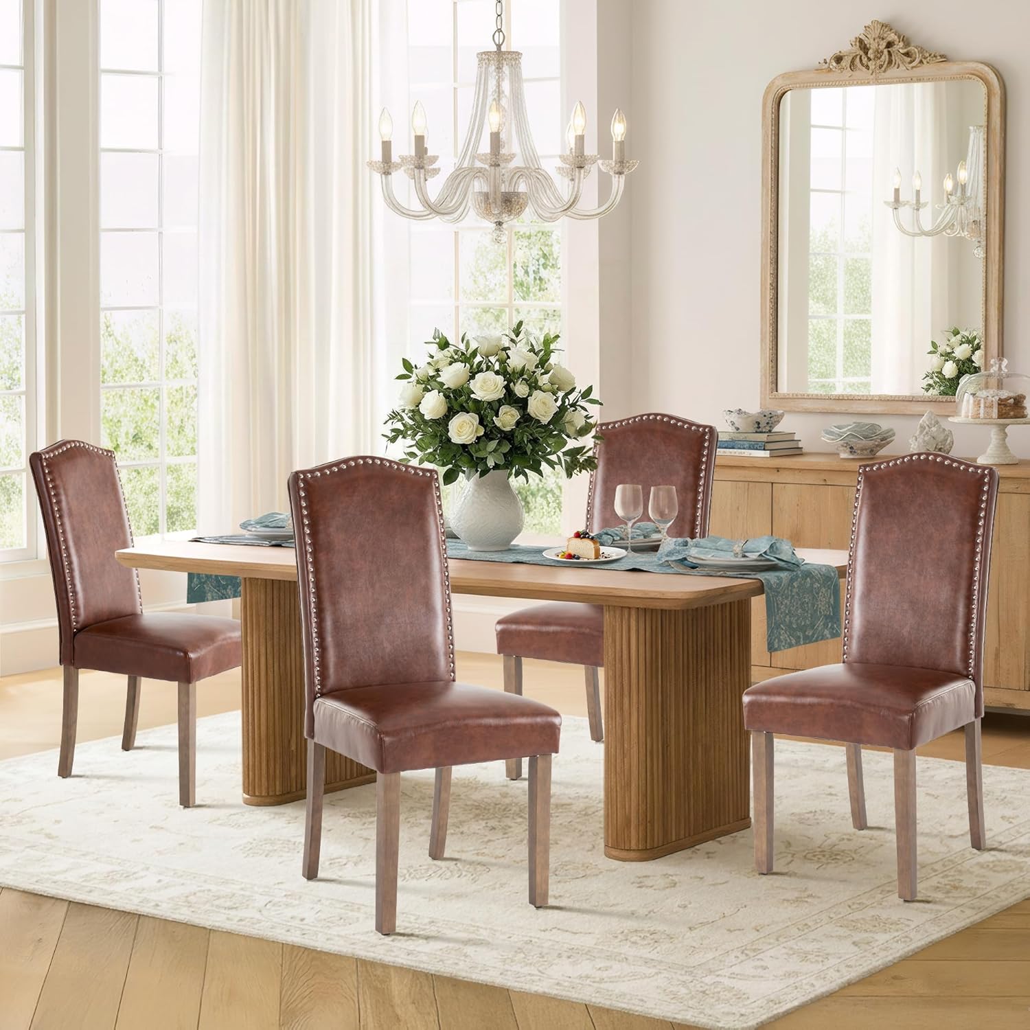 Upholstered Dining Chair Modern Stylish Parsons Kitchen Diner High Back with Silver Nailhead Trim & Wood Legs, Set of 2, PU Leather Dark Brown