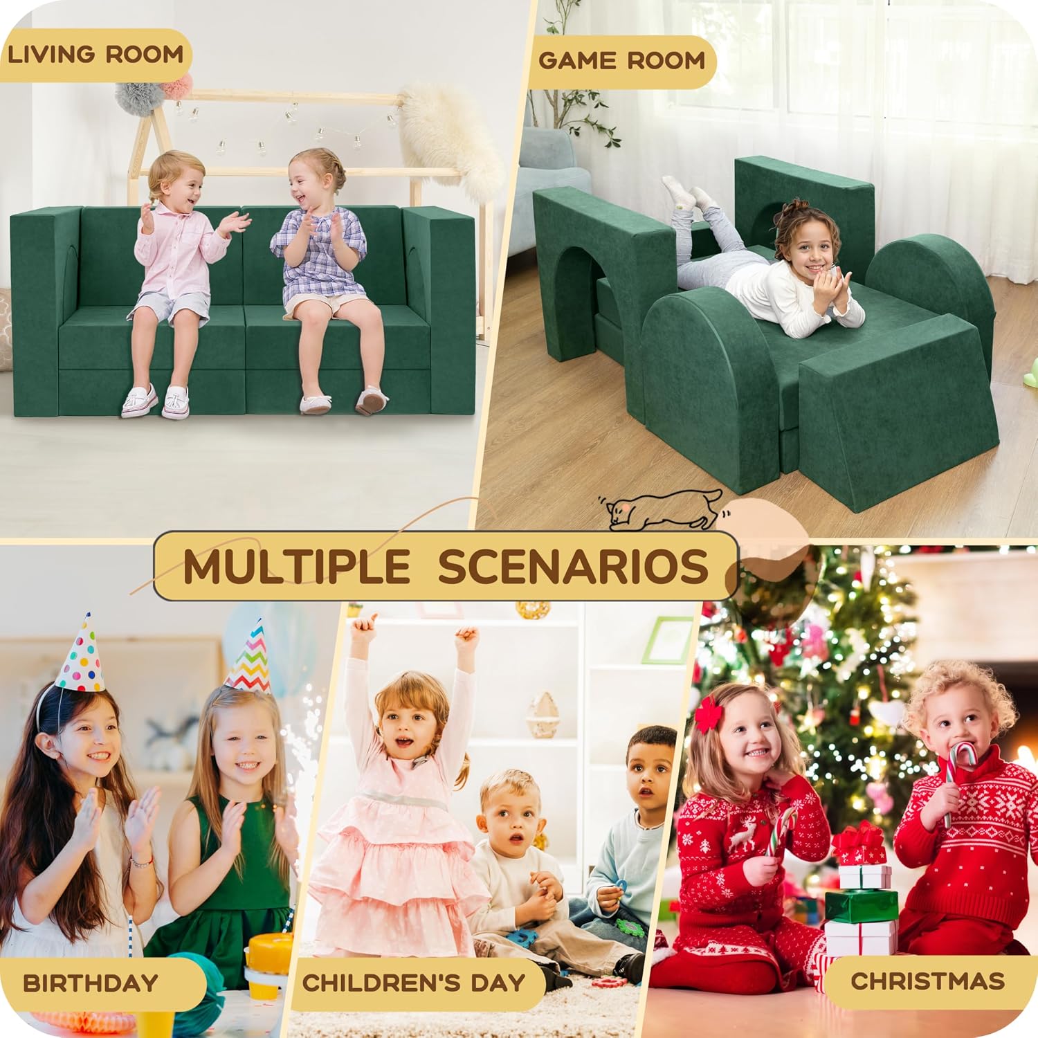 Fvkind 10 Pcs Modular Kids Play Couch for Playroom, Multifunctional Foam Kids Couch, Convertible Sectional Toddler Sofa for Boys and Girls, Toddler Sofa with Premium Foam and Washable Cover, Willow
