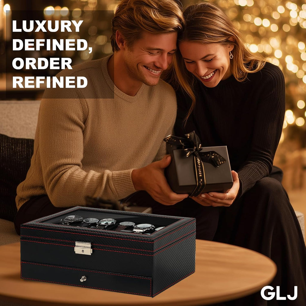 Watch Box for Men, 12 Slot Watch Case, Men's Jewelry Box With Drawer, Man Jewelry Accessory Organizer Case with Large Window, 2-Layer Watch Holder, PU Leather, Fathers Day Gift for Dad