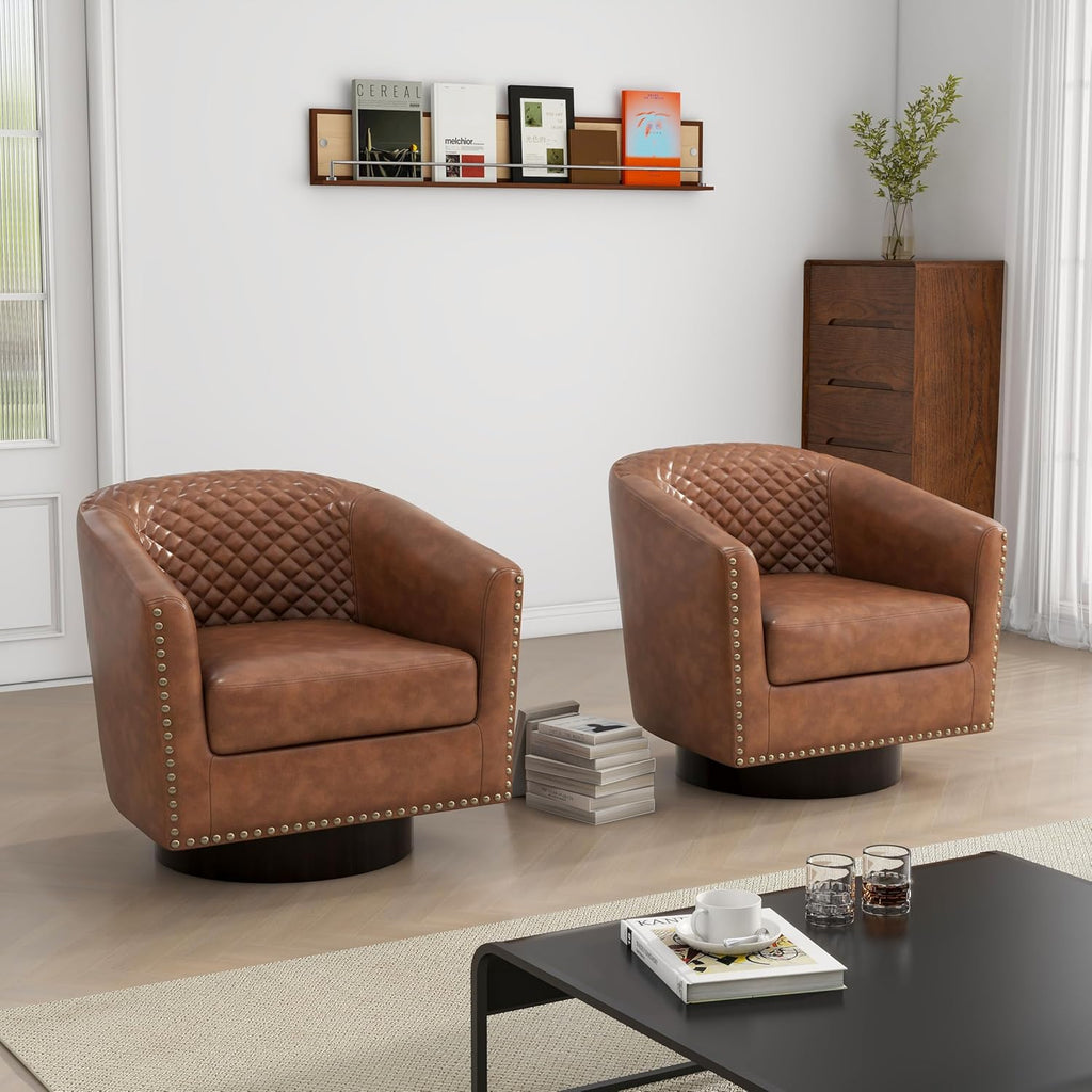 Swivel Barrel Accent Chair Set of 2, Comfy Modern Upholstered Round Faux Leather Arm Chair for Living Room, Bedroom, Brown