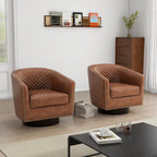 Swivel Barrel Accent Chair Set of 2, Comfy Modern Upholstered Round Faux Leather Arm Chair for Living Room, Bedroom, Brown