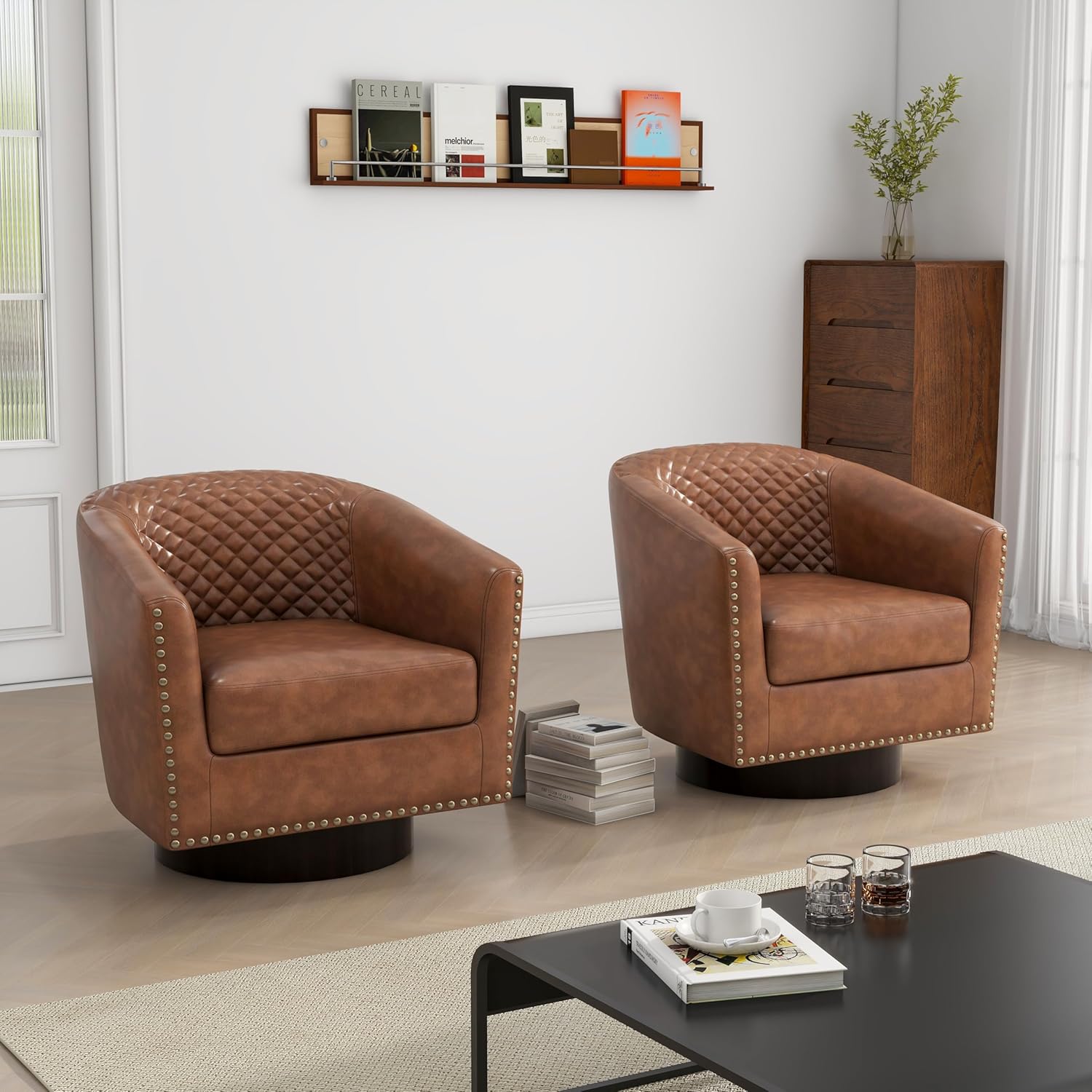 Swivel Barrel Accent Chair Set of 2, Comfy Modern Upholstered Round Faux Leather Arm Chair for Living Room, Bedroom, Brown