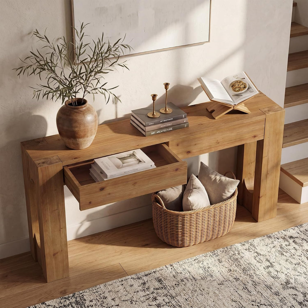LITTLE TREE 63" Solid Wood Console Table, Farmhouse Entryway Table with 2 Drawers and U-Shaped Legs, Long Sofa Table Behind Couch for Entrance, Hallway, Living Room, Foyer