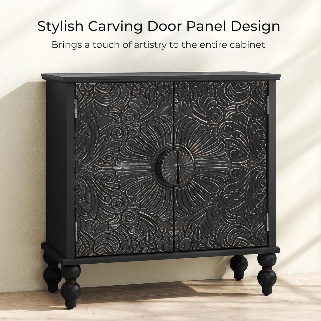 Buffet Cabinet with Storage, Accent Cabinet with 2 Carved Doors, Solid Wood Sideboard with Adjustable Shelf, Vintage Cabinets for Kitchen, Living Room, Entryway, Black