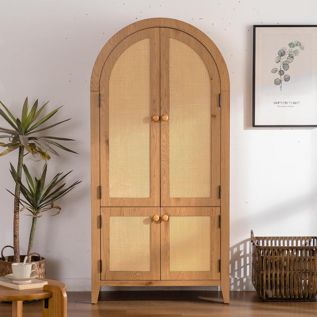 Kitchen Pantry Cabinet, Wooden Sideboard with Rattan Doors, Snacks Wine Accent Hutch Cabinet for Entryway Dining Room, Brown