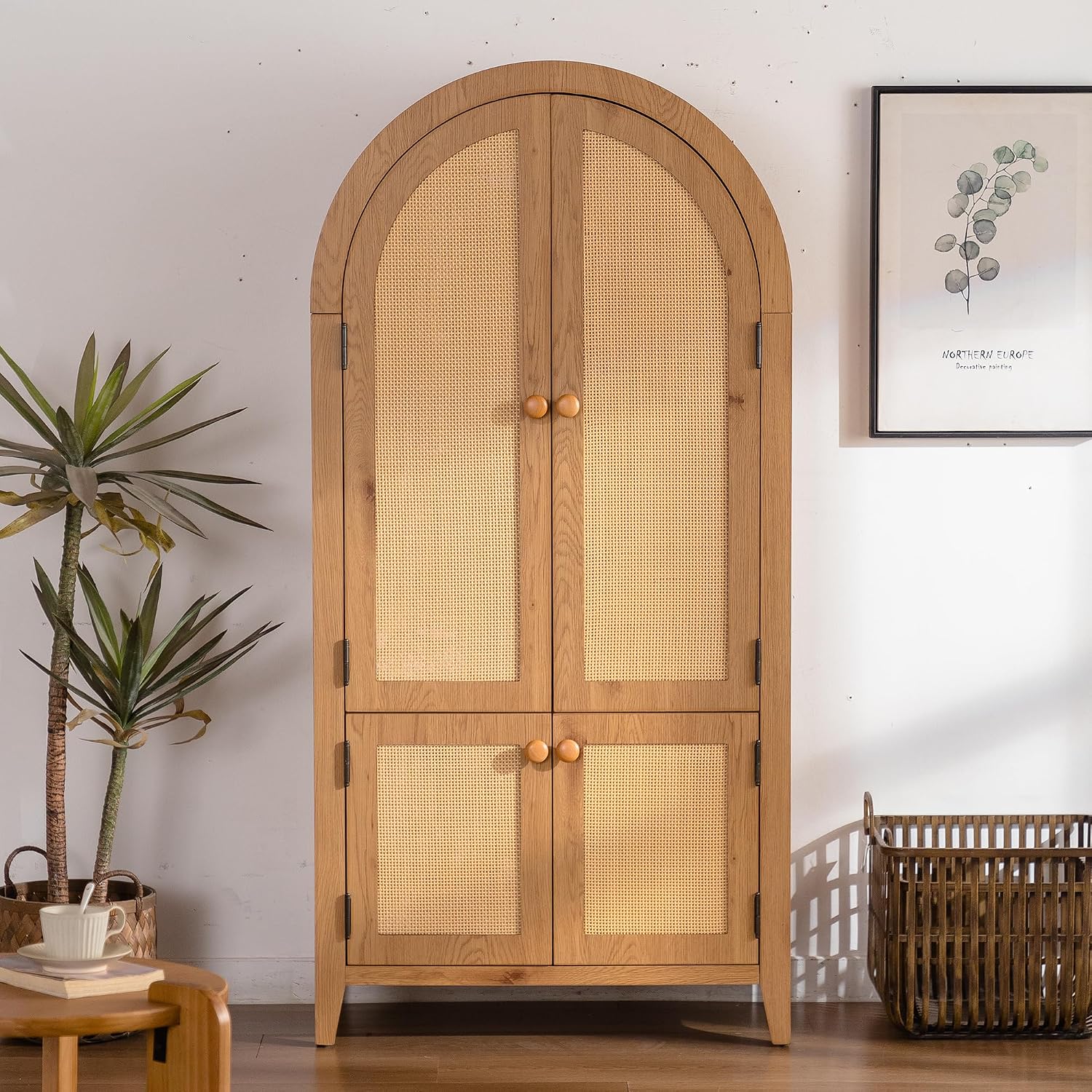 Kitchen Pantry Cabinet, Wooden Sideboard with Rattan Doors, Snacks Wine Accent Hutch Cabinet for Entryway Dining Room, Brown