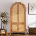 Arched Kitchen Pantry Cabinet, 63.39" Tall Kitchen Storage Cabinets, Rattan Bookcase with Doors and Adjustable Shelves, Freestanding Cupboard for Living Room, Dining Room - Natural