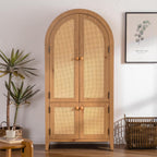 Arched Kitchen Pantry Cabinet, 63.39" Tall Kitchen Storage Cabinets, Rattan Bookcase with Doors and Adjustable Shelves, Freestanding Cupboard for Living Room, Dining Room - Natural