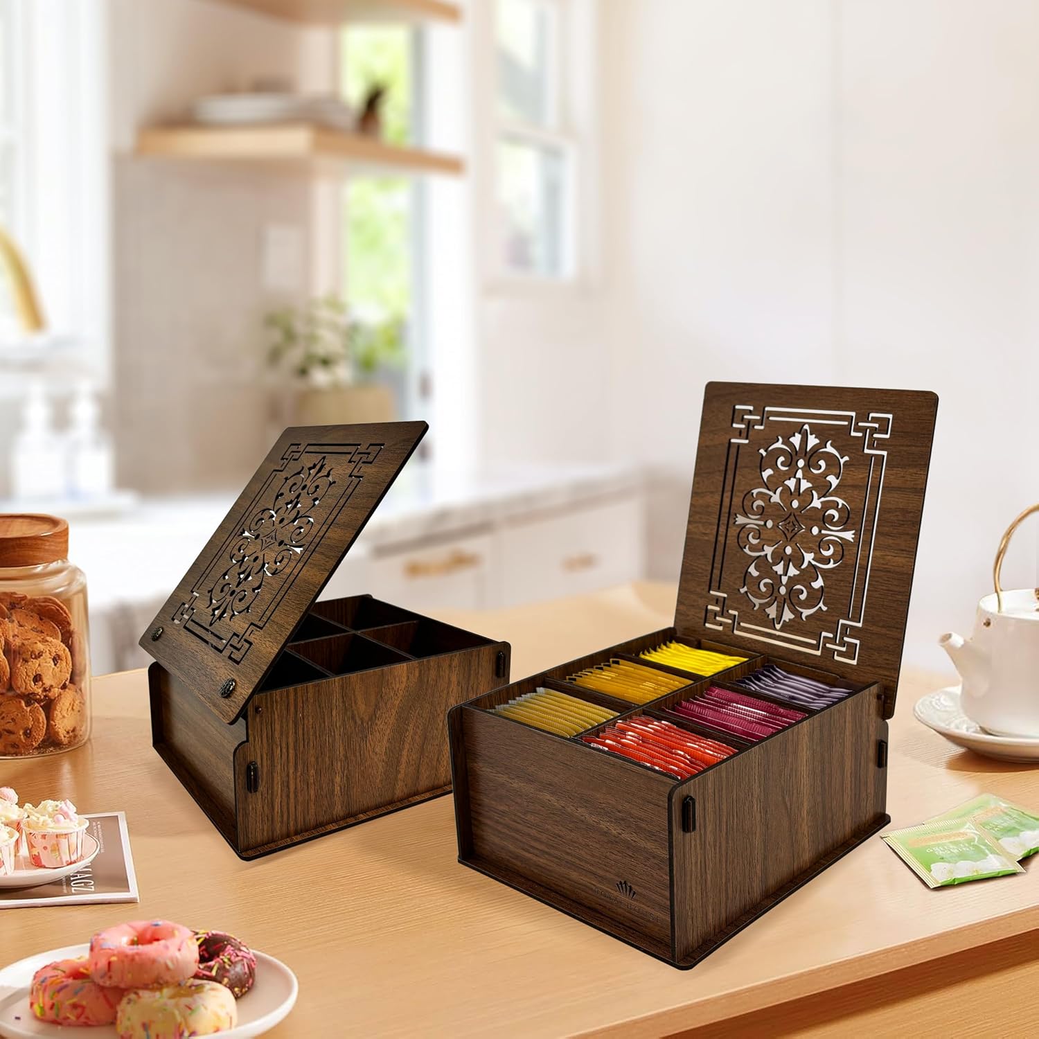 RoyalHouse Premium Wood Tea Storage Box Organizer, Tea Bag Holder Containers (Brown), Eco-Friendly Multi-Functional Decorative Box, 6 Compartments For Assorted Variety Of Small Items