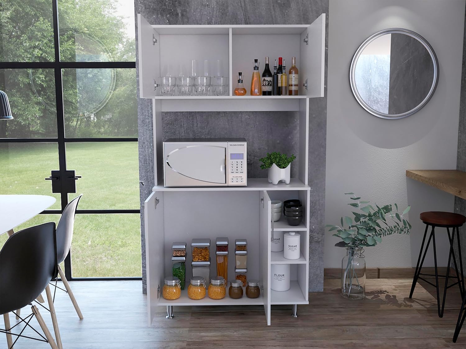 Modern Kitchen Pantry with 4 Legs, Double Door Cabinet, 3 Shelves, White, Particle Board, for Dining Room, Easy to Clean