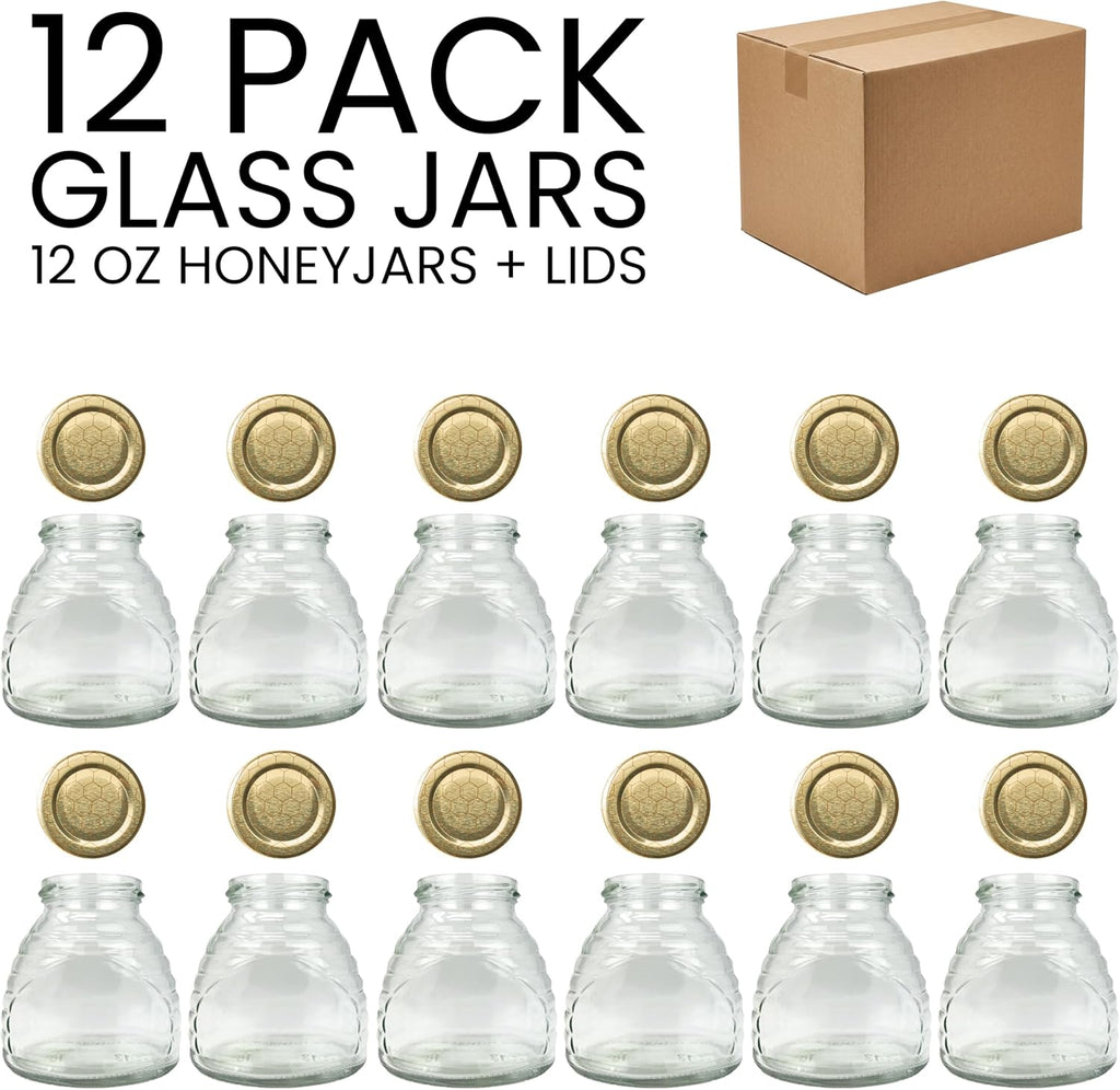 RetroPak Beehive Honey Jars with Lids, 12 Pack, 12 oz Glass Jars, Gold Hex | Perfect for farmers markets, gift baskets, and cottage food sales