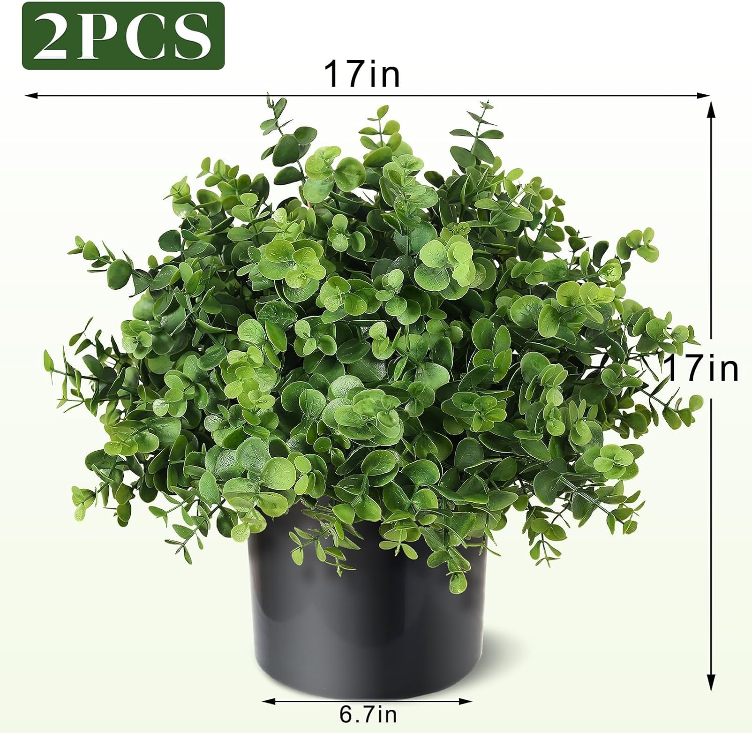 Set of 2 Artificial Eucalyptus Topiary Ball Trees for Front Porch Decor - 17" Faux Eucalyptus in Pot,Realistic Fake Eucalyptus Leaves Potted Plant for Farmhouse Home Front Door Outdoor Decor (Green)