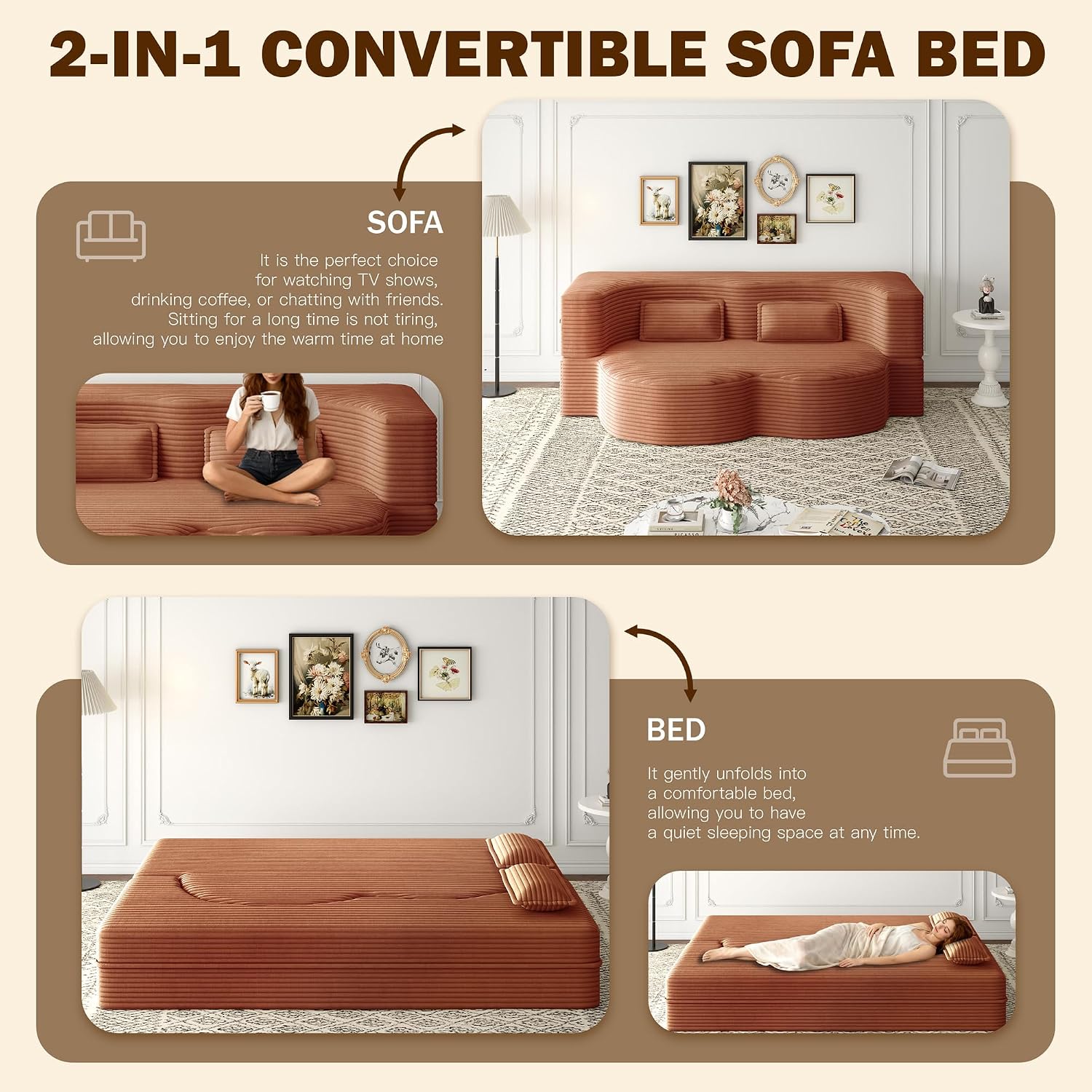 Convertible Folding Sofa Bed, 2-in-1 Full Size Floor Boneless Couch Bed, Loveseat sleeper Couch , Teddy Floor Sofa, Memory Foam Sleeper SofaBed, Small couches for small spaces, No Assembly, Orange