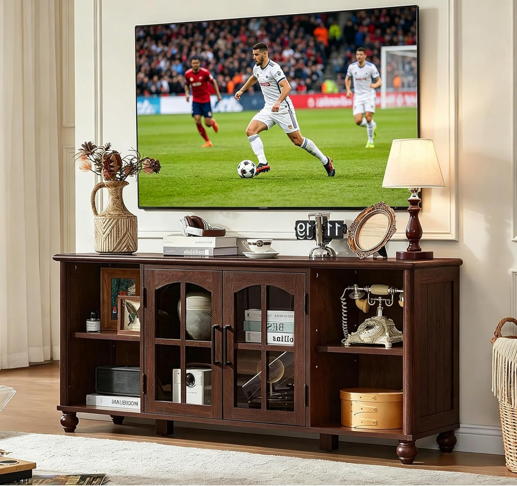RWYHG Farmhouse TV Stand for 60 Inch TV, Wood Entertainment Center with Adjustable Shelves & Glass Door Storage Cabinet,Television Stands for 65" TVS,TV Console Table for Living Room,Bedroom,Walnut