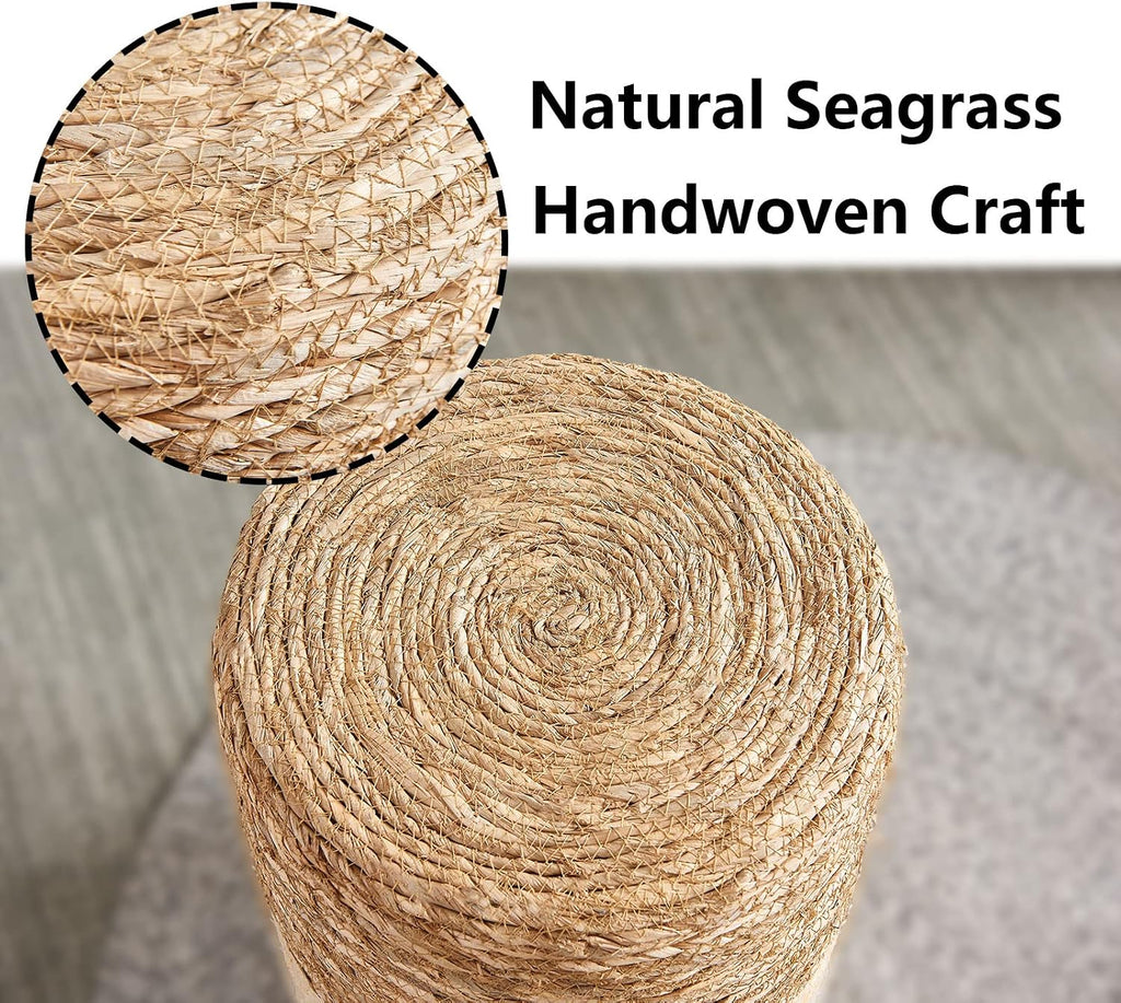 Pouf Ottoman, 100% Handwoven Seagrass Braided Pouffe, Boho Decor Floor Chair for Couch or Desk, Outdoor Ottomans for Garden, Round Footrest with Wood Frame, Home Decorative Seat for Balcony