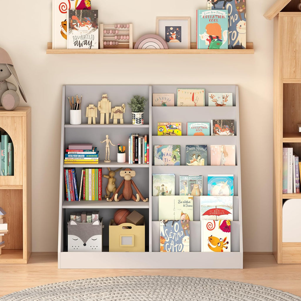 4 Tier Kids Bookshelf for Nursery, Baby Toddler Bookshelves Toy Organizers and Storage Bookcase, Wooden Children Book Shelf for Kids Rooms Classroom (Grey)