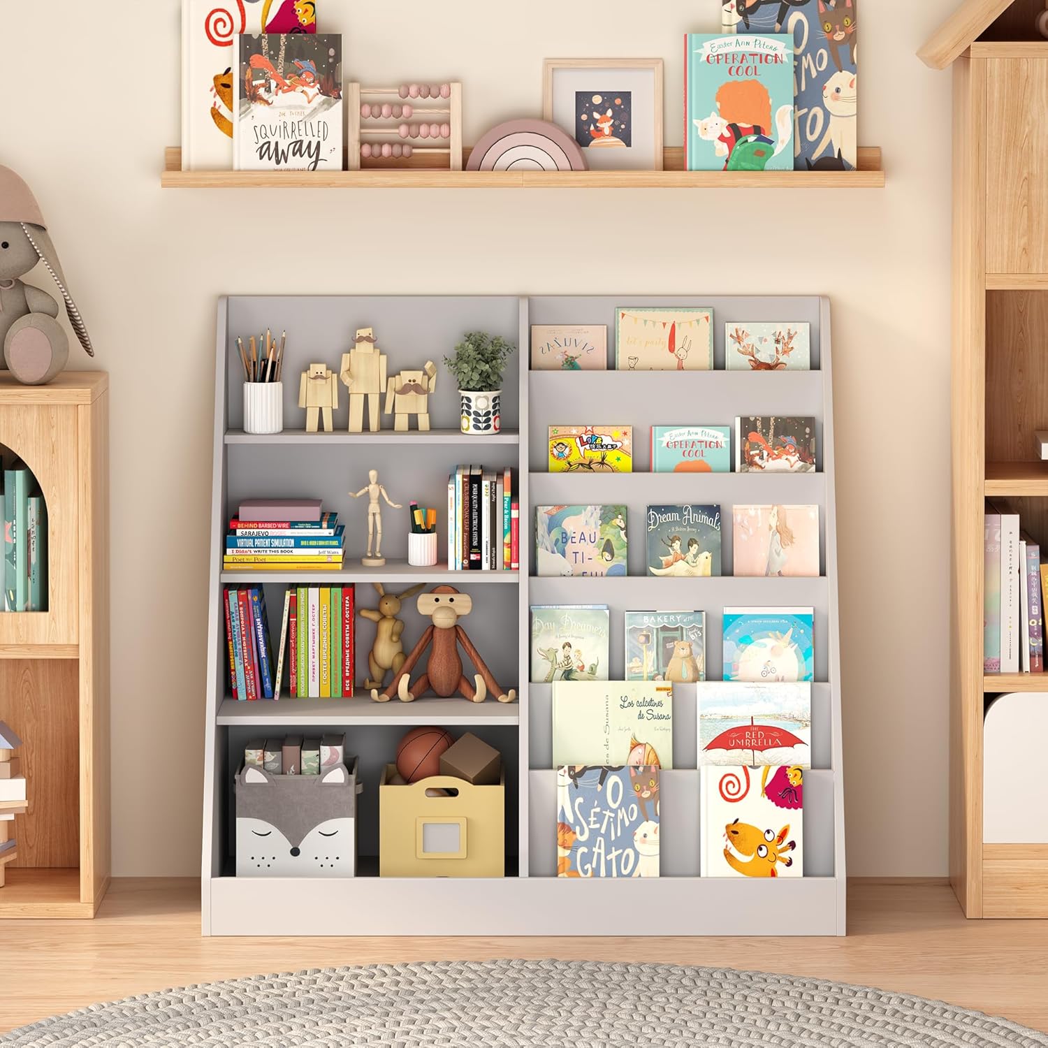 4 Tier Kids Bookshelf for Nursery, Baby Toddler Bookshelves Toy Organizers and Storage Bookcase, Wooden Children Book Shelf for Kids Rooms Classroom (Grey)