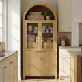 71'' Tall Arched Kitchen Pantry Cabinet with Glass Doors, Oak Finish Fluted Storage Cabinet with Adjustable Shelves & Drawer, China Cabinet for Kitchen, Dining Room