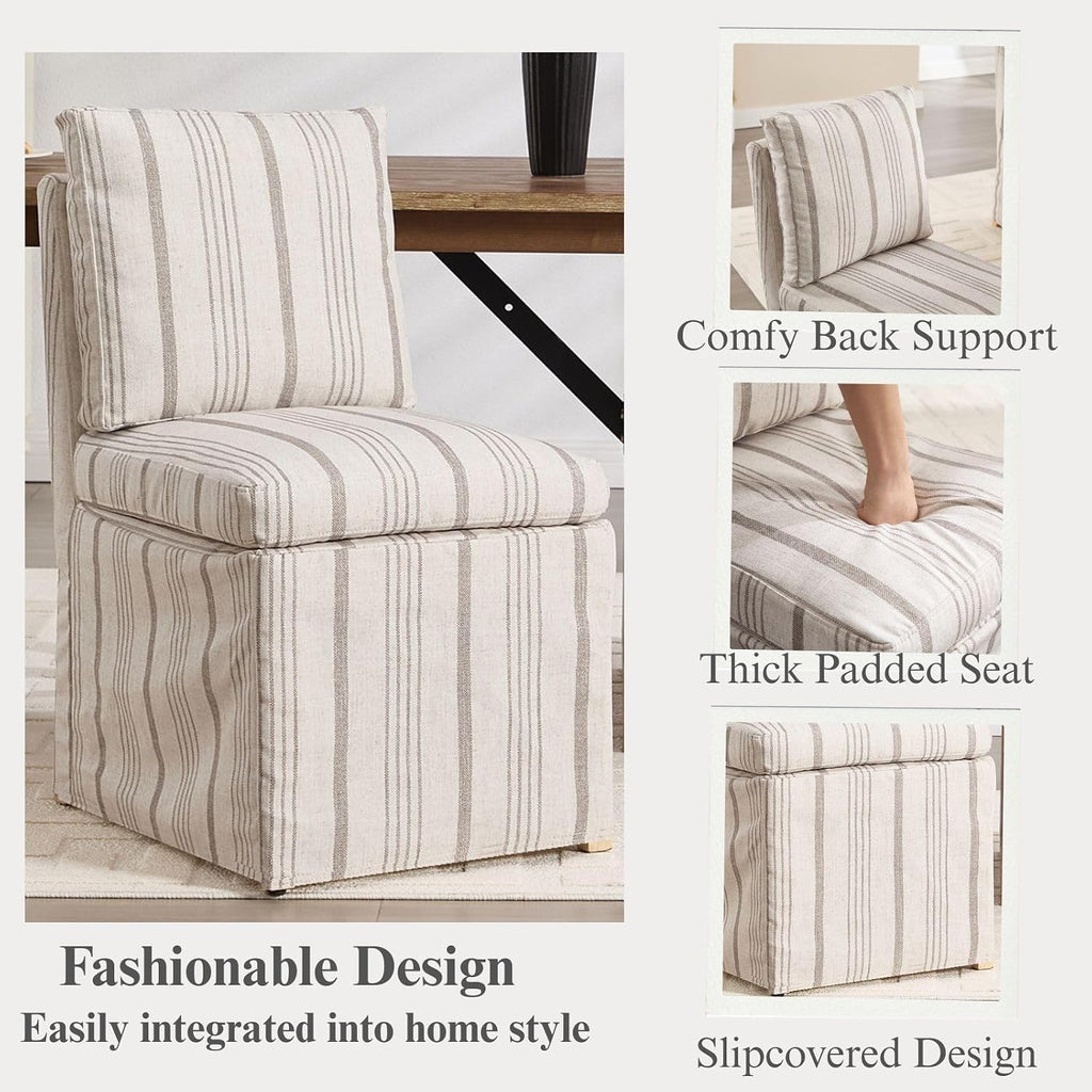 Upholstered Dining Chairs Set of 2 Slipcovered Armless Dining Chair with Solid Wood Legs, Soft Padded Upholstered Side Chair for Dining/Living/Readin Room, Banquet, Khaki Stripe
