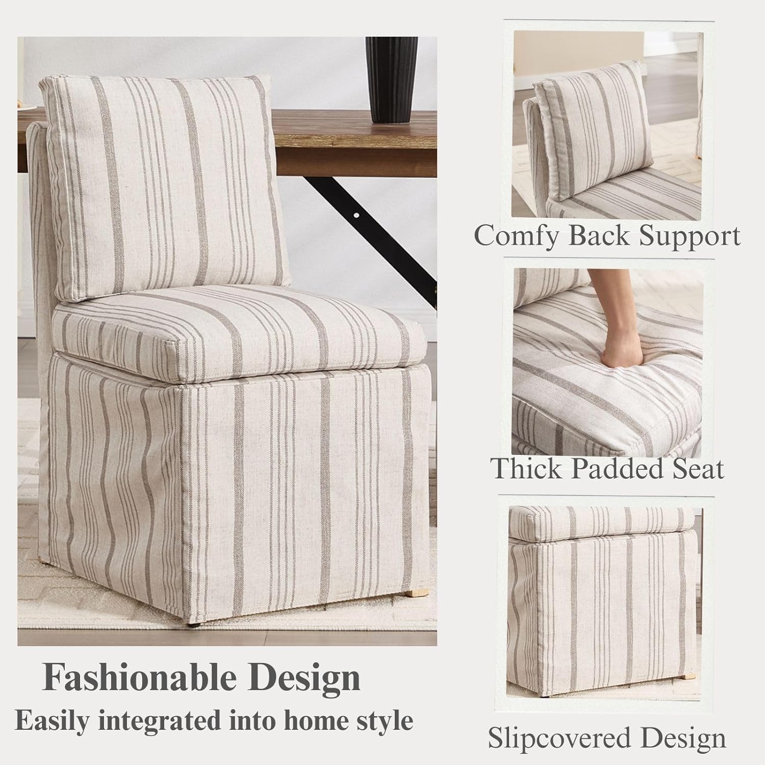 Upholstered Dining Chairs Set of 6 Slipcovered Armless Dining Chair with Solid Wood Legs, Soft Padded Upholstered Side Chair for Dining/Living/Readin Room, Banquet, Khaki Stripe