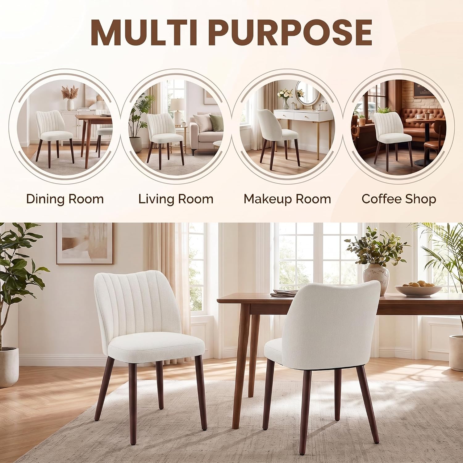 Upholstered Dining Chairs Set of 4, Modern Fabric Dining Chairs with Curved Backrest & Solid Rubber Wood Legs, Padded Kitchen Dining Room Chairs for Restaurant Cafe, Beige