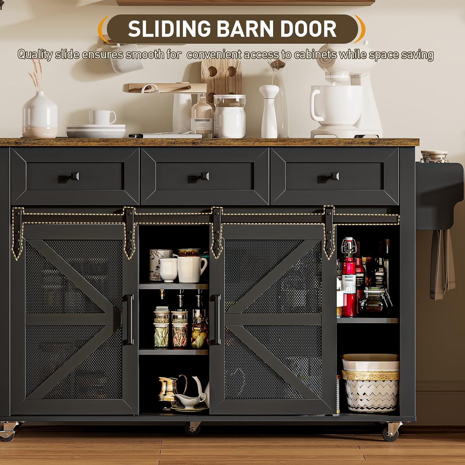 RALGEND Kitchen Island with Storage, 55" Kitchen Cart with Charging Station, Rolling Kitchen Island Table with Drop-Leaf, 3 Drawers, Barn Doors, Towel Rack and Spice Rack, Black and Rustic Brown