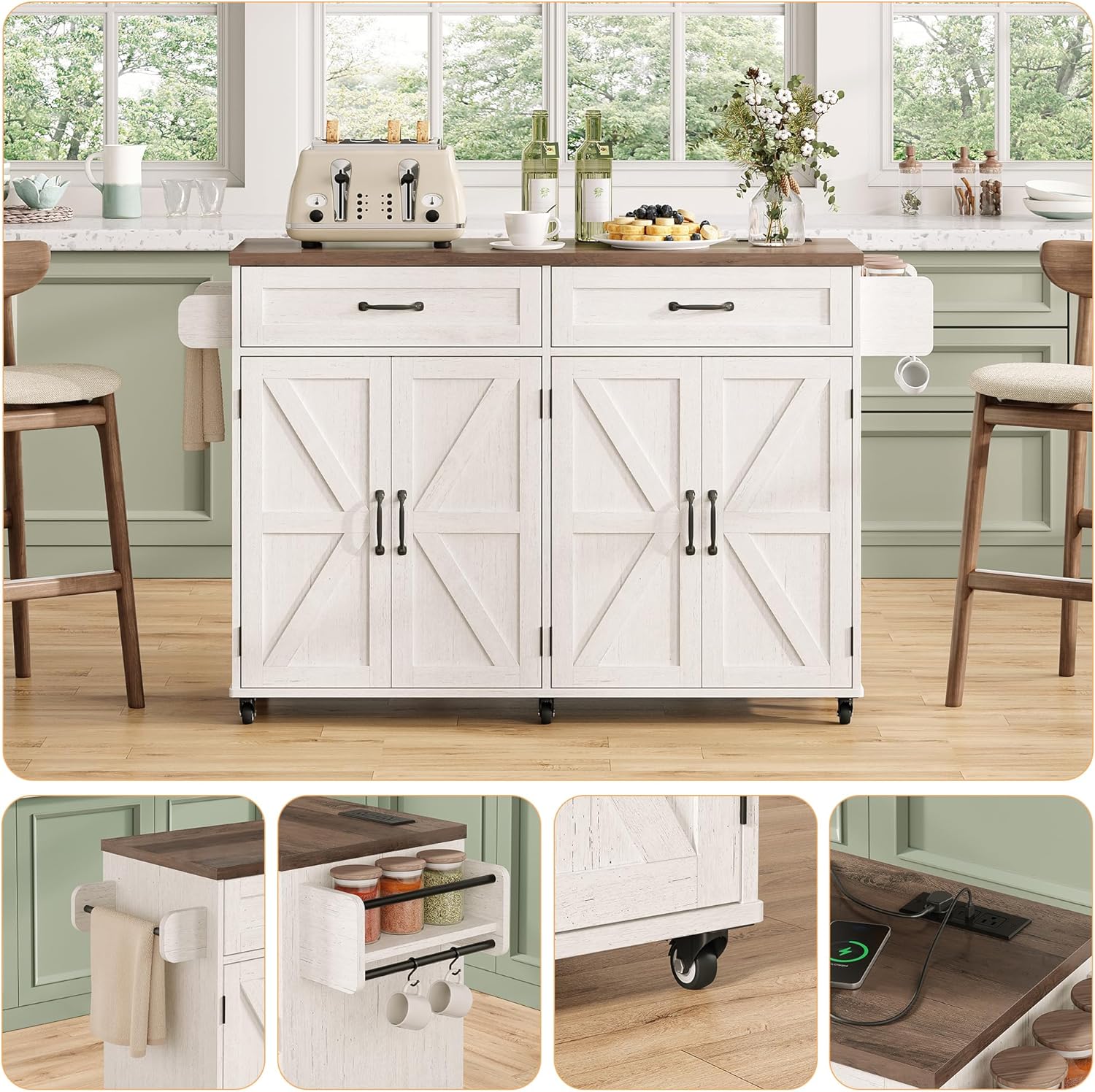 Mobile Kitchen Island, Kitchen Island Cart with 2 Drawers and Charging Station, Island Table for Kitchen, Home Bar Carts with Storage, Kitchen Rolling Island with Spice Rack and Towel Rack,White